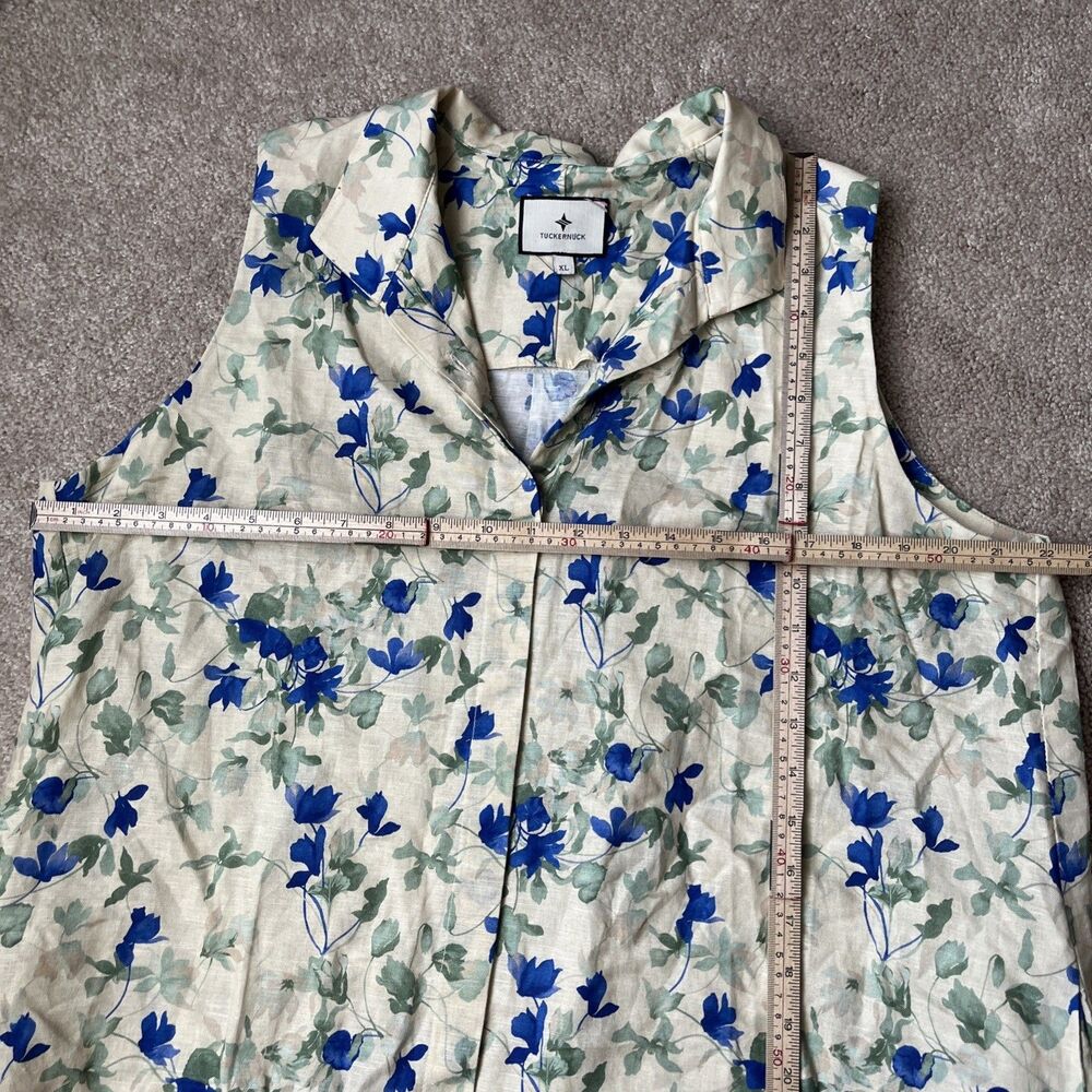 Tuckernuck Shirt Dress XL Linen Cotton Floral Bellflower Bloom Sleeveless Pocket - Picture 6 of 7